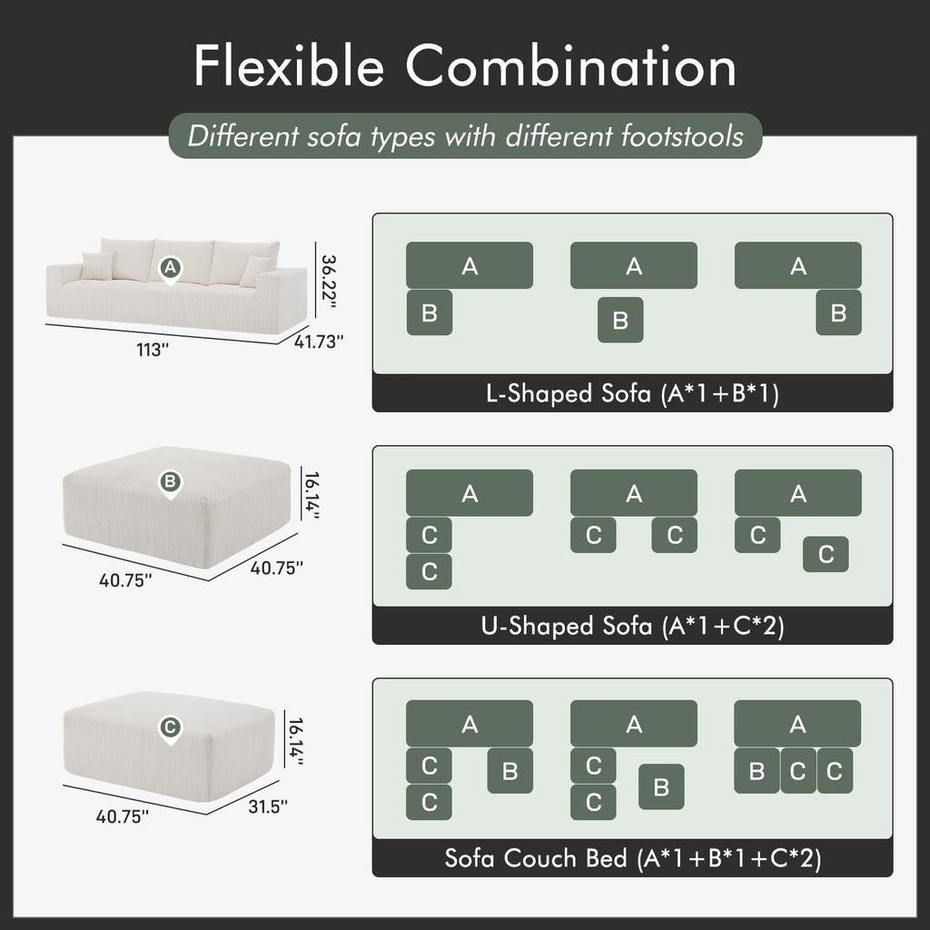 Gericco 113' Modular Sectional Couch, Cloud Boneless Sofa with Deep Seats, Upholstered Corduroy Sofa Bed with Loung Chaise, 3-Seater Couches for Living Room, No Assembly Required, Beige