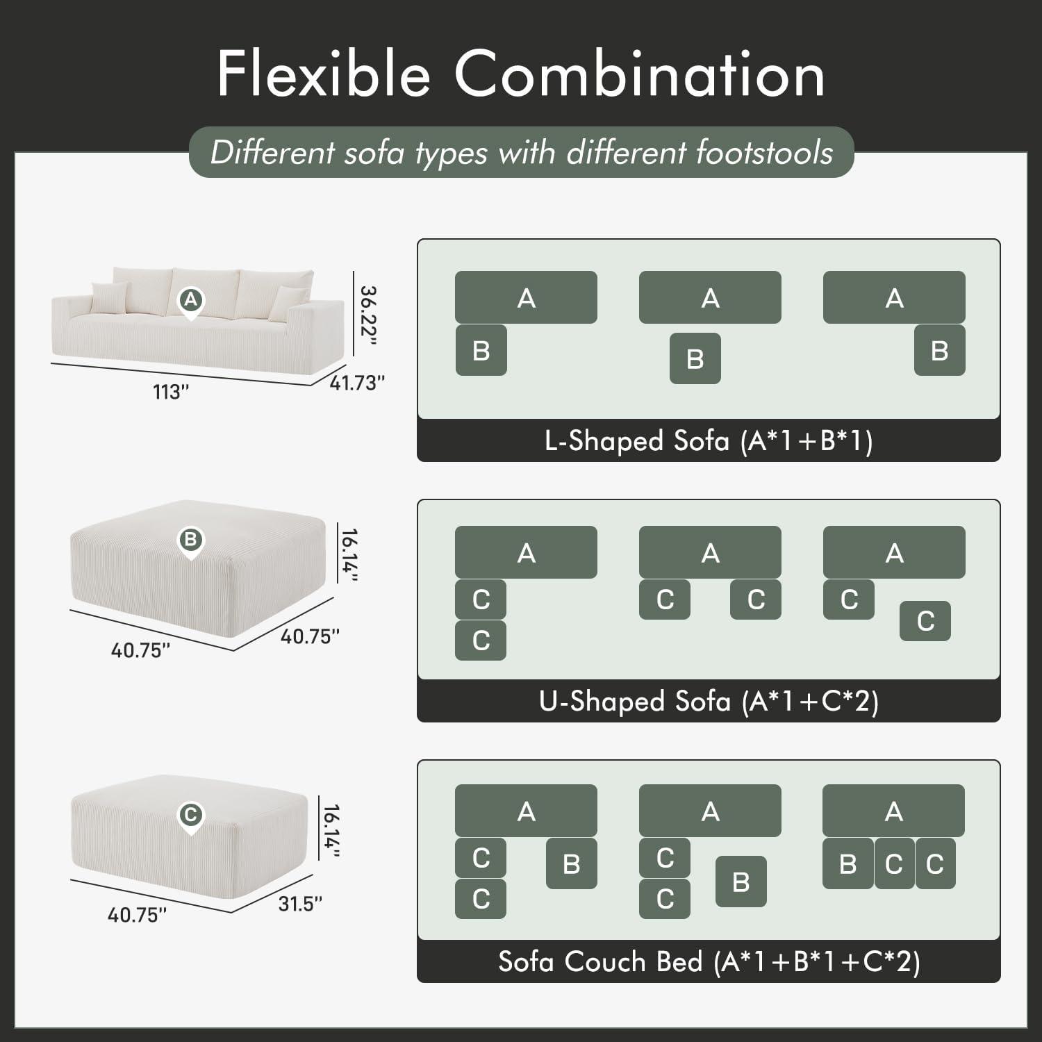 Gericco 113' Modular Sectional Couch, Cloud Boneless Sofa with Deep Seats, Upholstered Corduroy Sleeper Sofa Bed with 3-Seater for Living Room, No Assembly Required, Beige