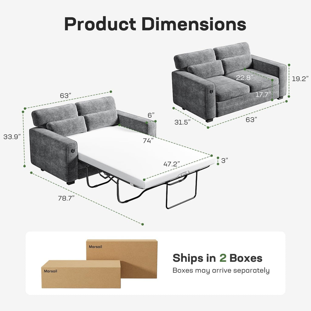 Marsail Pull Out Sofa Bed, Full Size Sleeper Sofa with Memory Foam Mattress, 2 USB Charging and Removable Covers, Loveseat for Living Room, Apartment, Supports 600 LBS, Chenille Fabric, Grey