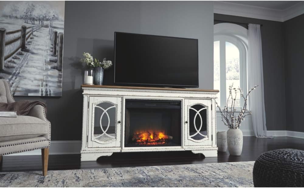 Signature Design by Ashley Realyn Farmhouse TV Stand with Fireplace Option Fits TVs up to 72', 2 Cabinet Doors and Adjustable Storage Shelf, White & Rustic Brown