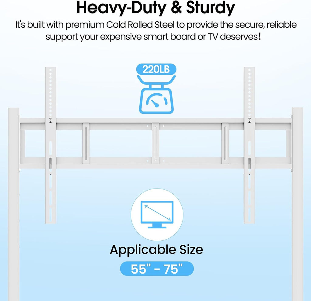 Mobile Stand for 43'- 75'' Smart Board, Heavy Duty Rolling TV Stand with Locable Wheels, Height Adjustable Holds up to 300lbs, Whiteboard Portable Cart on Wheels