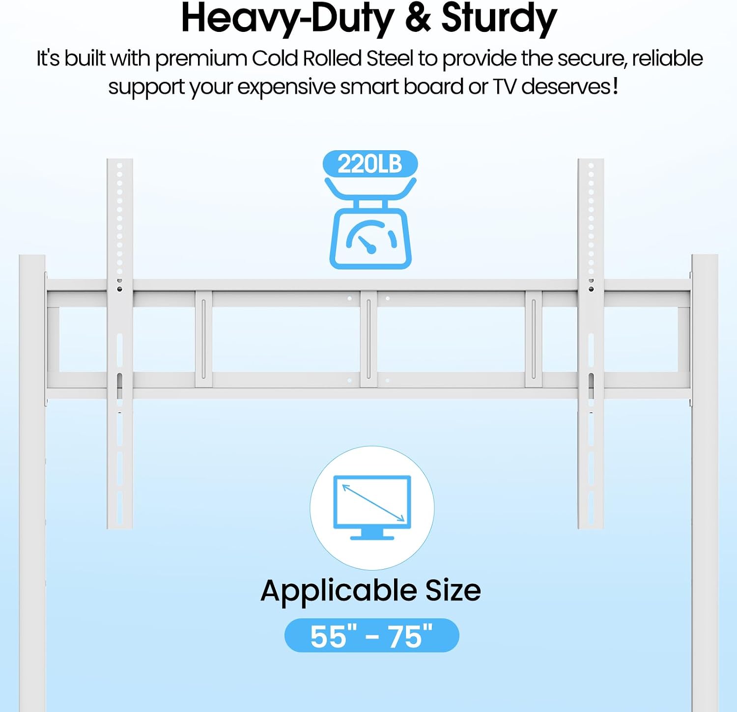 Mobile Stand for 43'- 75'' Smart Board, Heavy Duty Rolling TV Stand with Locable Wheels, Height Adjustable Holds up to 300lbs, Whiteboard Portable Cart on Wheels