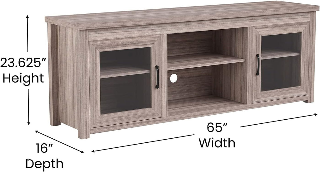 Flash Furniture Sheffield TV Stand for up to 80' TVs - Modern Gray Wash Finish & Full Glass Doors - 65' Engineered Wood Frame - 3 Height Adjustable Shelves