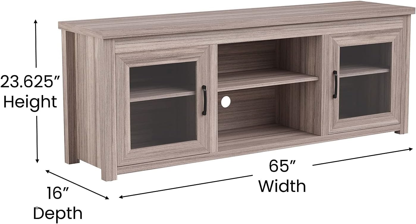 Flash Furniture Sheffield TV Stand for up to 80' TVs - Modern Gray Wash Finish & Full Glass Doors - 65' Engineered Wood Frame - 3 Height Adjustable Shelves