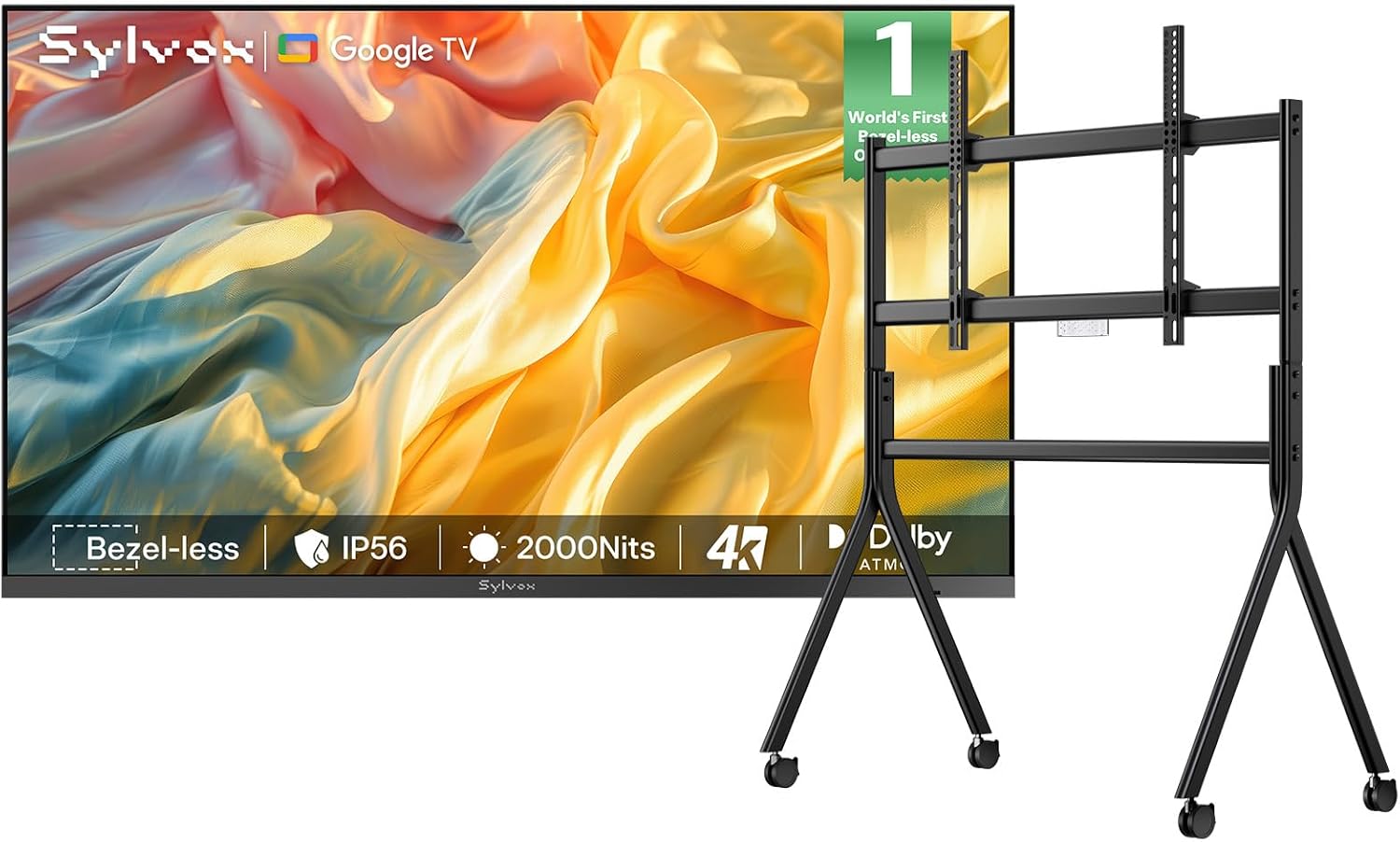 SYLVOX Outdoor TV with Rolling Stand, 75 inch Full Sun TV 2000 Nits, Ultra-Narrow Bezel, 4K Smart Google Television, IP56 Waterproof, Dual Speakers, for Poolside, Yard, Business (Frameless Pro Series)
