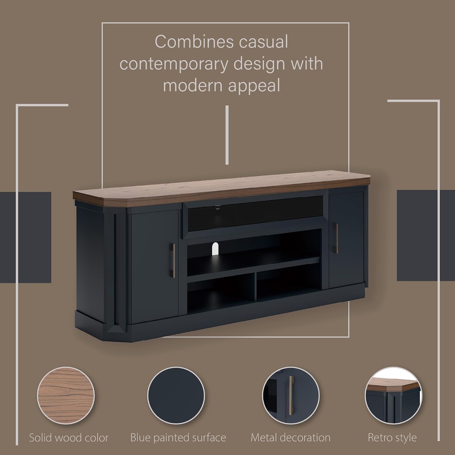 Signature Design by Ashley Landocken Contemporary 83' TV Stand for TVs up to 95' with Fireplace Option, 2 Cabinets, 2 Doors, 2 Adjustable Shelves, Open Cubbies and Cord Openings, Dark Brown & Blue