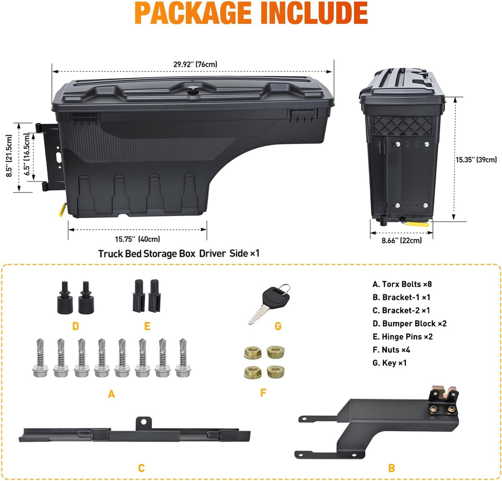 Nilight Truck Bed Tool Box Left Drivers Side Truck Tool Box Fit for Ford F-150 2015-2021 ABS Swing Case Truck Bed Storage Box with Lockable Lid Waterproof Wheel Well Toolbox Black