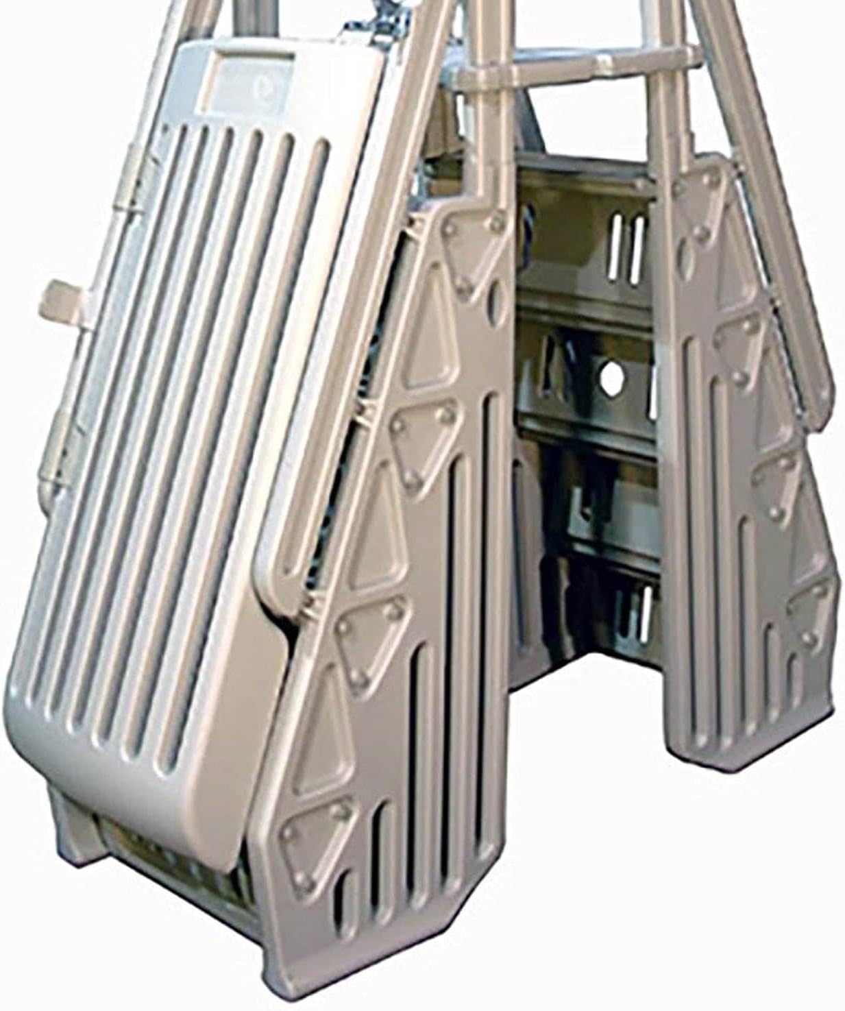 Vinyl Works 24 Inch Double Pool Step Ladder with Gate, Adjustable Stair Entry System with Handrails for Above Ground Swimming Pools, Taupe