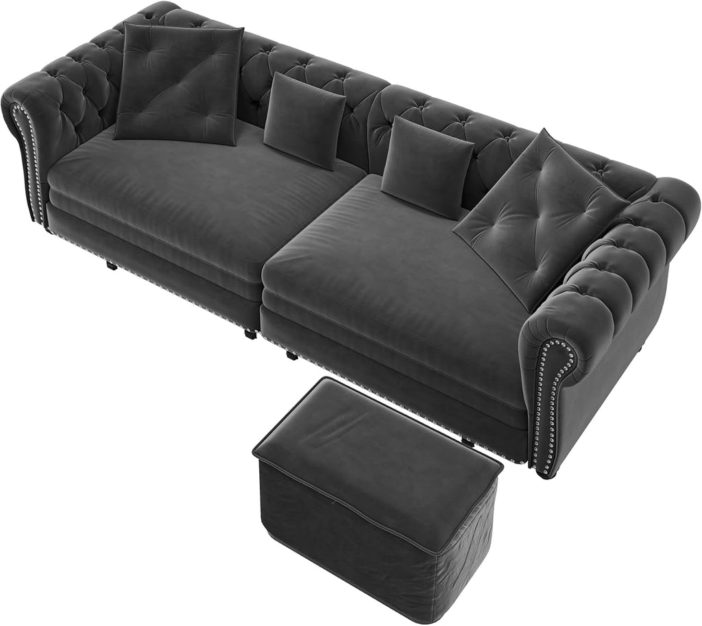 Ball & Cast 3-in-1 Convertible Sofa Bed with Movable Ottoman, 89' Pull Out Couch Bed King Size, Velvet 3 Seater Sleeper Sofa with Nailhead Trim & Rolled Arm,Sofa Couches for Living Room,Blue