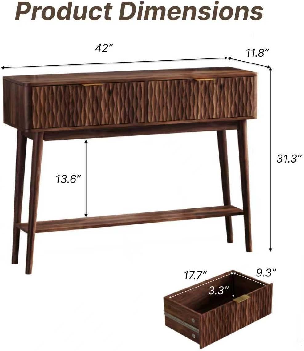 Console Table with Solid Wood Leg,Fluted Entryway Table with Storage Drawers, Mid-Century Modern Narrow Console Table for Living Room,Hallway,Walnut