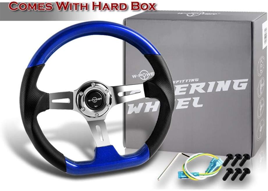 W Power Exclusive 13.5' Pearl Blue Wood Grip 6 Lug Bolt Hole Chrome 3-Spoke Vintage Steering Wheel