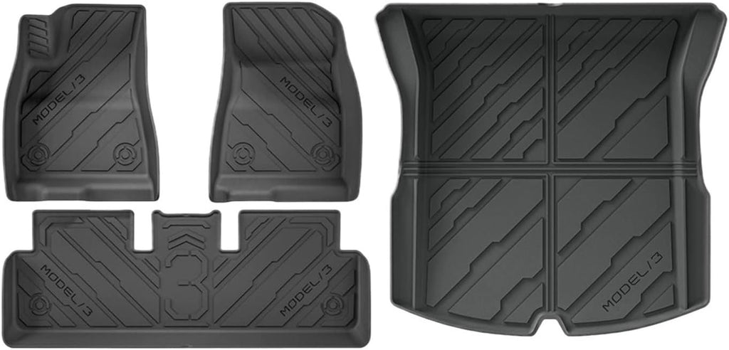TPE Floor Mats & Cargo Liner, 3D Cyber Style Waterproof Anti-Slip Trunk Mat Backrest Mats Compatible with Tesla Model 3 Highland 2024 2025(4PCS LHD Set)