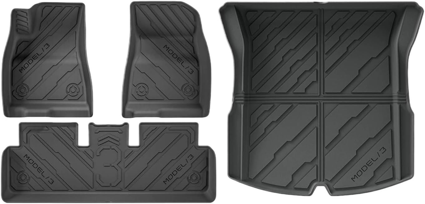 TPE Floor Mats & Cargo Liner, 3D Cyber Style Waterproof Anti-Slip Trunk Mat Backrest Mats Compatible with Tesla Model 3 Highland 2024 2025(4PCS LHD Set)