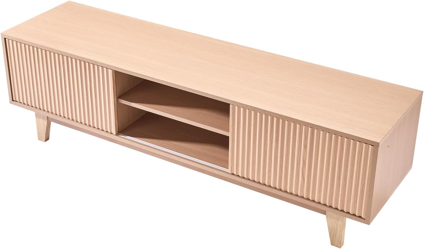 VEVOR 59' Fluted TV Stand, Boho Entertainment Center for 55/60/65 inch TVs, Mid Century Modern Media Console TV Storage Cabinet with Sliding Door and Adjustable Open Shelves, for Living Room, Bedroom