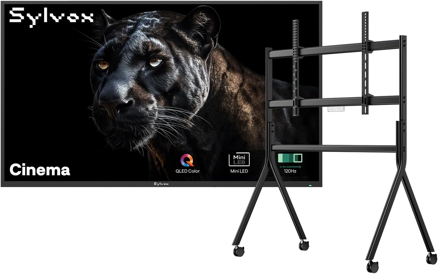 SYLVOX 65 inch Outdoor Mini-LED QLED TV with Rolling Stand, 4K UHD, 2000 Nits Full Sun, Anti-Glare Screen, 120Hz, IP56 Waterproof, Dual 30W Dolby Atmos Speaks (Cinema/2025)