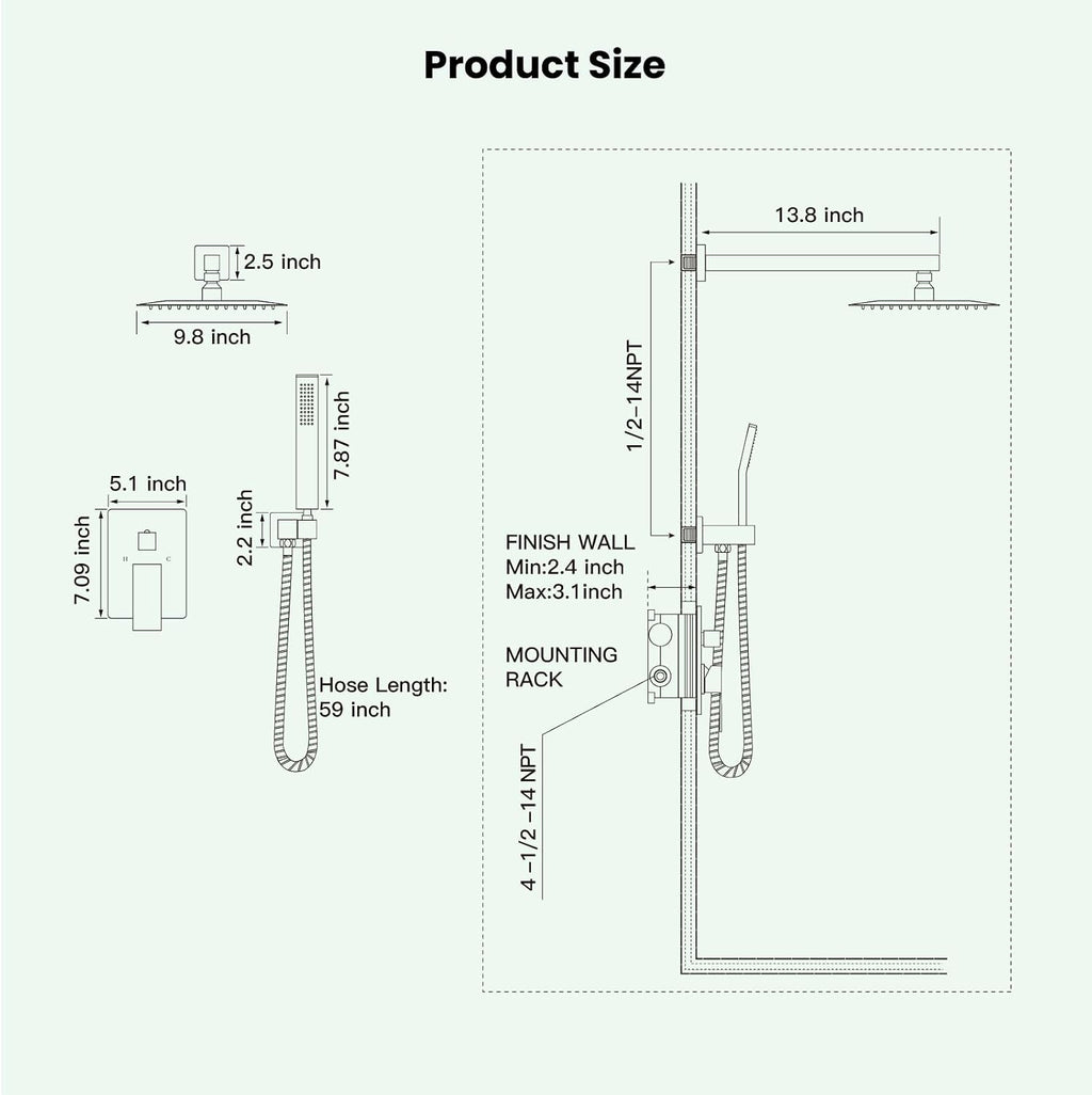 gotonovo Rainfall Bathroom Shower System Rain Shower Head and Handle Set Wall Mounted Shower Complete Combo Solid Brass Pressure Balancing Shower Mixer Valve 10 Inch Brushed Nickel