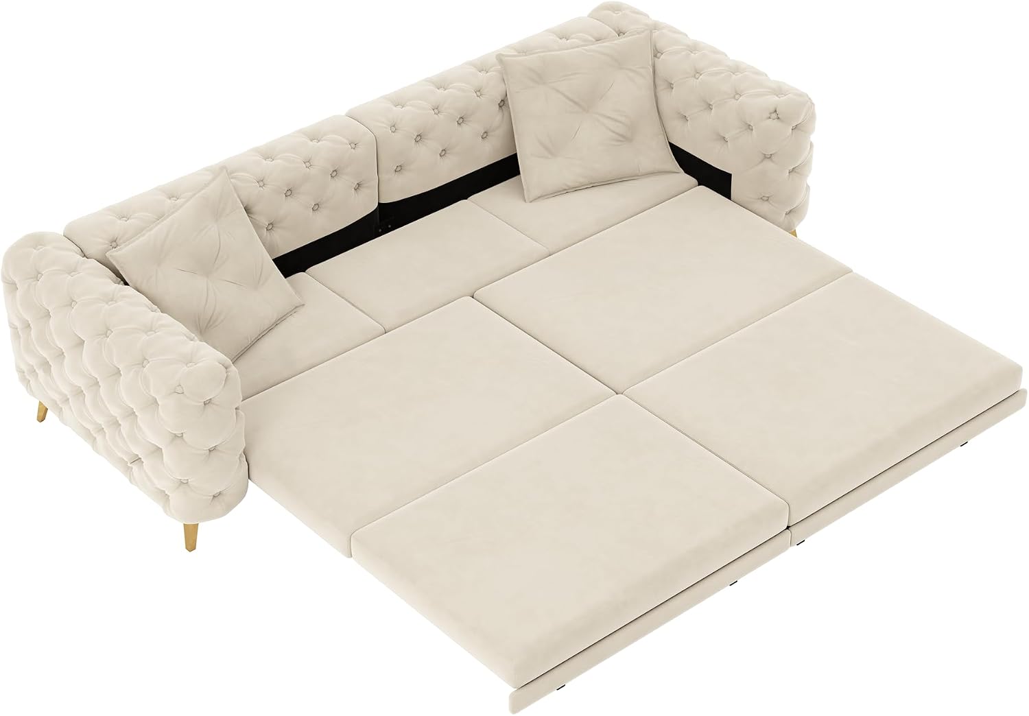 97.7' King Size Sleeper Sofa Bed, 3-in-1 Convertible Pull Out Chesterfield Sleeper Couch with Ottoman, Oversized Velvet Button Tufted L Shaped Sofa for Living Room Small Spaces, Beige White