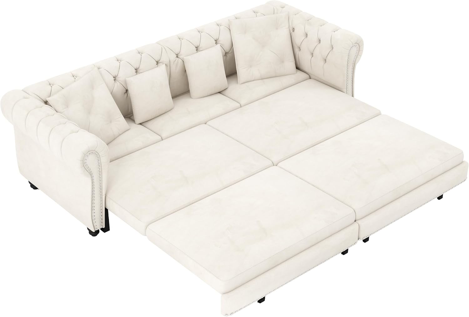 89' King Size Sleeper Sofa Bed, 3-in-1 Convertible Pull Out Chesterfield Sleeper Couch with Ottoman, Oversized Velvet Button Tufted L Shaped Sofa for Living Room Small Spaces, Beige White
