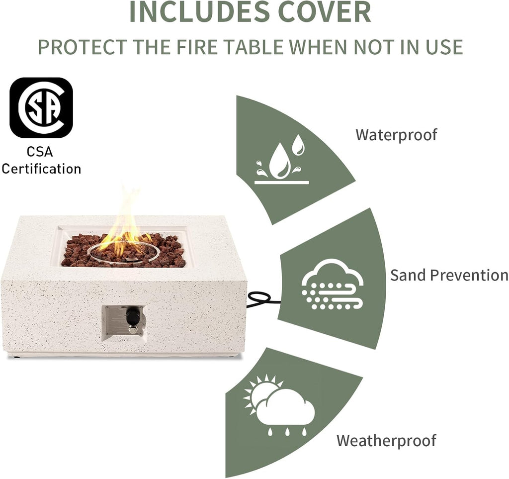 COSIEST 2-Piece Outdoor Propane Fire Pit Table Set w Tank, Beige Faux Stone 35 inch Square Fire Table w Certified, 50,000 BTU Stainless Steel Burner, w 20lb Hideway Tank Cover for Garden, Porch