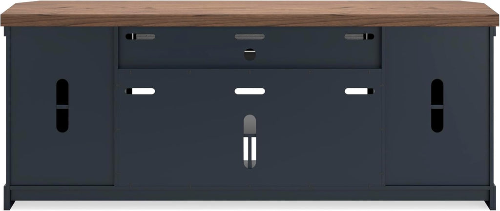 Signature Design by Ashley Landocken Contemporary 83' TV Stand for TVs up to 95' with Fireplace Option, 2 Cabinets, 2 Doors, 2 Adjustable Shelves, Open Cubbies and Cord Openings, Dark Brown & Blue