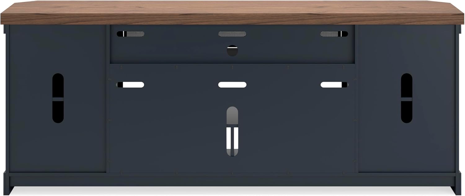 Signature Design by Ashley Landocken Contemporary 83' TV Stand for TVs up to 95' with Fireplace Option, 2 Cabinets, 2 Doors, 2 Adjustable Shelves, Open Cubbies and Cord Openings, Dark Brown & Blue
