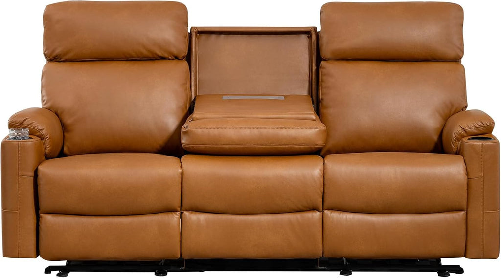 Power Reclining Sofa, Electric 3-Seat Dual Recliner Sofa with USB Ports, Cup Holders, Wall Hugger Sofa & Couch for Living Room Home Theater Apartment RV (Brown) | Drop-Down Table, Side Pocket, Extended Footrest, Breathable Material