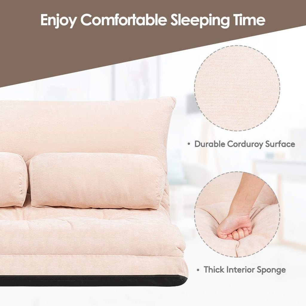Giantex Adjustable Floor Sofa Couch with 2 Pillows, Multi-Functional 6-Position Foldable Lazy Sofa Sleeper Bed, Multi-Functional Suede Floor Seating for Reading Gaming (Beige)