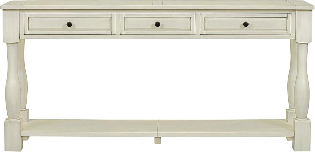 Merax LUMISOL 64 inch Long Console Sofa Table with 3 Drawers and Bottom Shelf, Hallway Table Entryway Table for Living Room, Easy Assembly (Antique White).