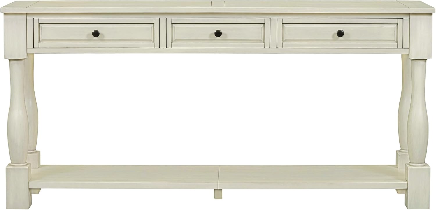 Merax LUMISOL 64 inch Long Console Sofa Table with 3 Drawers and Bottom Shelf, Hallway Table Entryway Table for Living Room, Easy Assembly (Antique White).