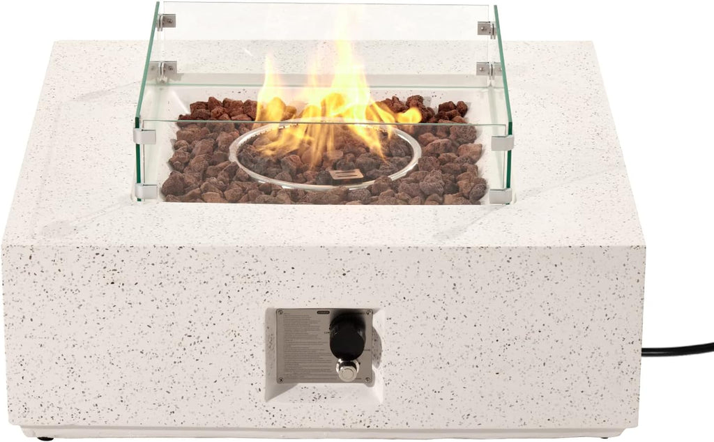 COSIEST Square Outdoor Sandstone Propane Fire Pit w Wind Guard, Certified, 50,000 BTU Stainless Steel Burner, 35-inch, Free Lava Rocks and Rain Cover, Tank Outside, Metal Lid