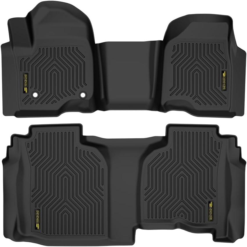 GRAND ORANGE 1st & 2nd Row Black 2PCS Floor Mats Fit Chevy Silverado GMC Sierra 1500 Double Cab 2019-2024 TPE All Weather Protection Interior Accessories Floor Liners Black Alfombras para Carro