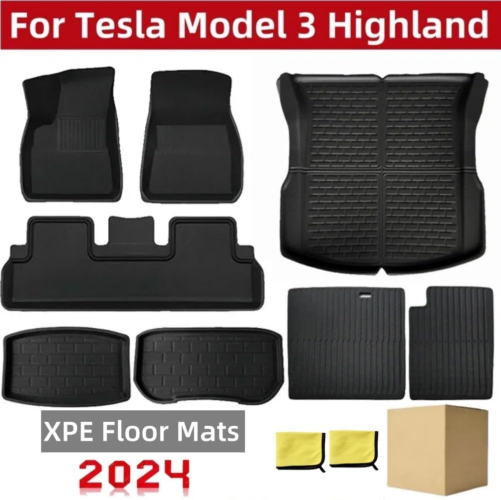 for Tesla Model 3 Highland 2024 XPE Floor Mats，LHD RHD All Weather Anti-Slip Waterproof Trunk Mat Cargo Liners Accessories(2024 LHD 8PCS)