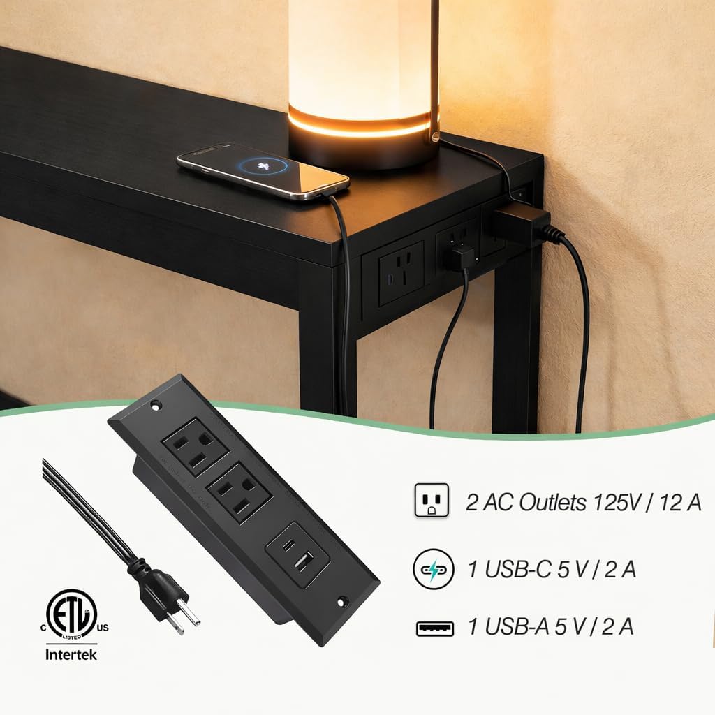 47' Entryway Table, Narrow Console Sofa Table, with Outlets and USB-C Port, Entryway Table with Open Storage, for Living Room, Hallway, Entryway, Foyer, Kitchen Counter, Black