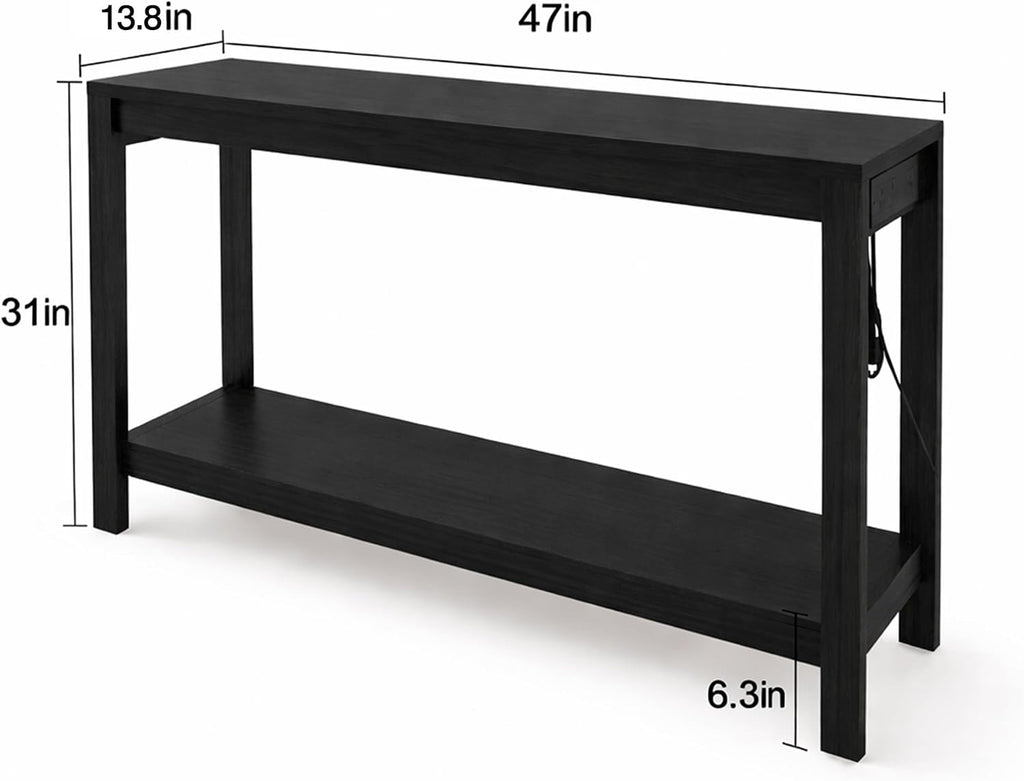 47' Entryway Table, Narrow Console Sofa Table, with Outlets and USB-C Port, Entryway Table with Open Storage, for Living Room, Hallway, Entryway, Foyer, Kitchen Counter, Black