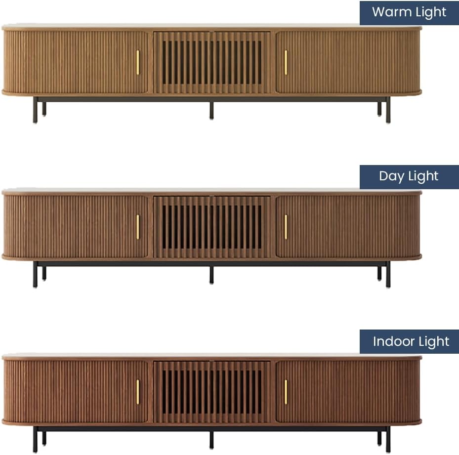 POVISON Fully-Assembled Sliding Tambour Door TV Stand, Mid Century Modern Sintered Stone TV Console, Wood Media Console for 85 Inch TV, Entertainment Center with Storage Cabinet(Walnut, 94.49')