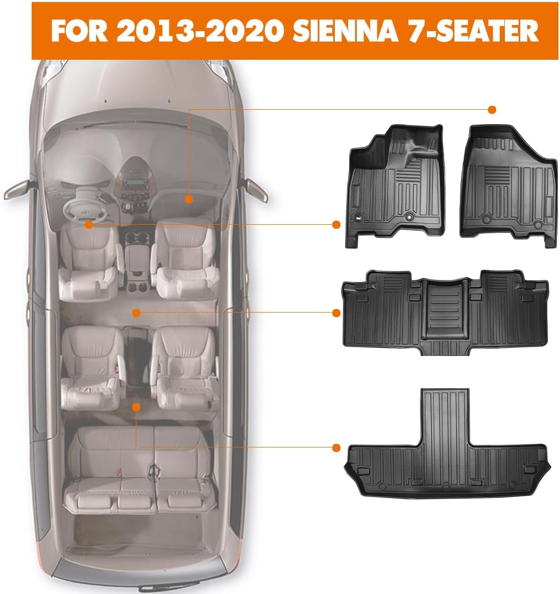 Fit for Sienna 2013-2020 Floor Mat 3 Rows Liners All Weather Custom Black TPE Car Mats Compatible for Toyota Sienna 2013 2014 2015 2016-2020 Accessories 1st, 2nd and 3rd Row（7 Passenger Model）