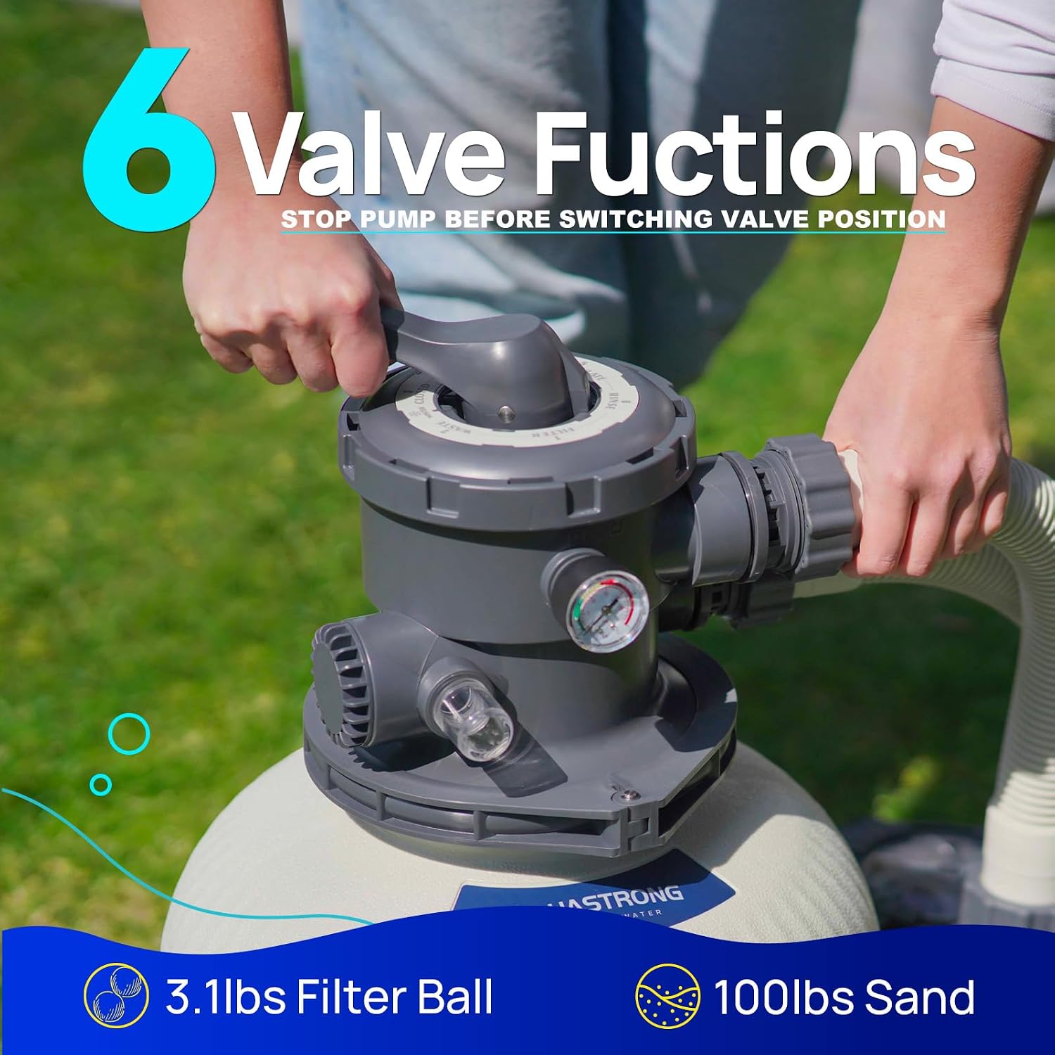 AQUASTRONG Sand Filter Pump for Above Ground Pool, Pool Pumps Above Ground with Timer, Pool Sand Filter with 6-Way Valve,Improved Circulation and Filtration,16in, up to 16000 Gallons
