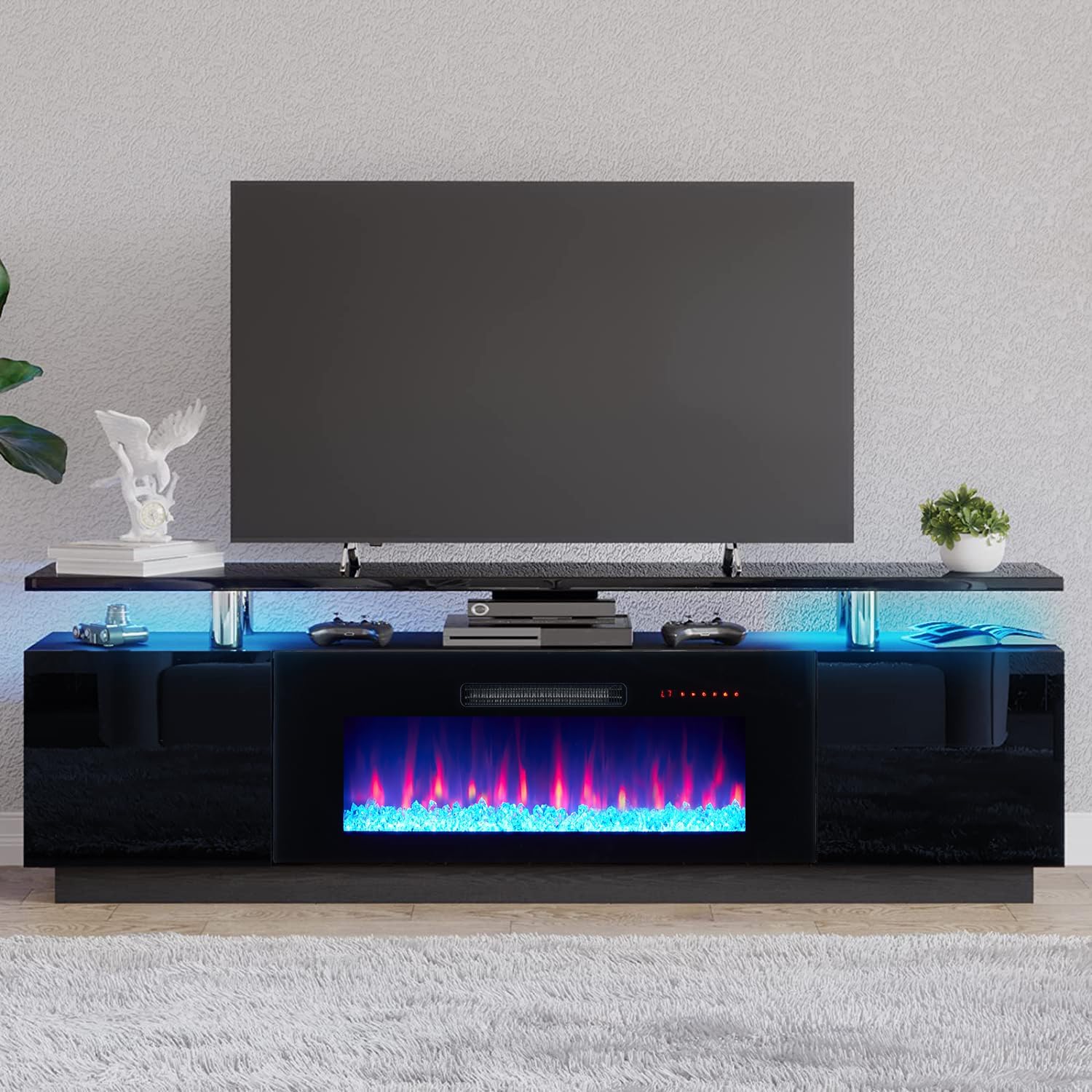AMERLIFE Fireplace TV Stand with 36' Fireplace, 70' Modern Fireplace Entertainment Center LED Lights, 2 Tier TV Console Cabinet for TVs Up to 80', Obsidian Black