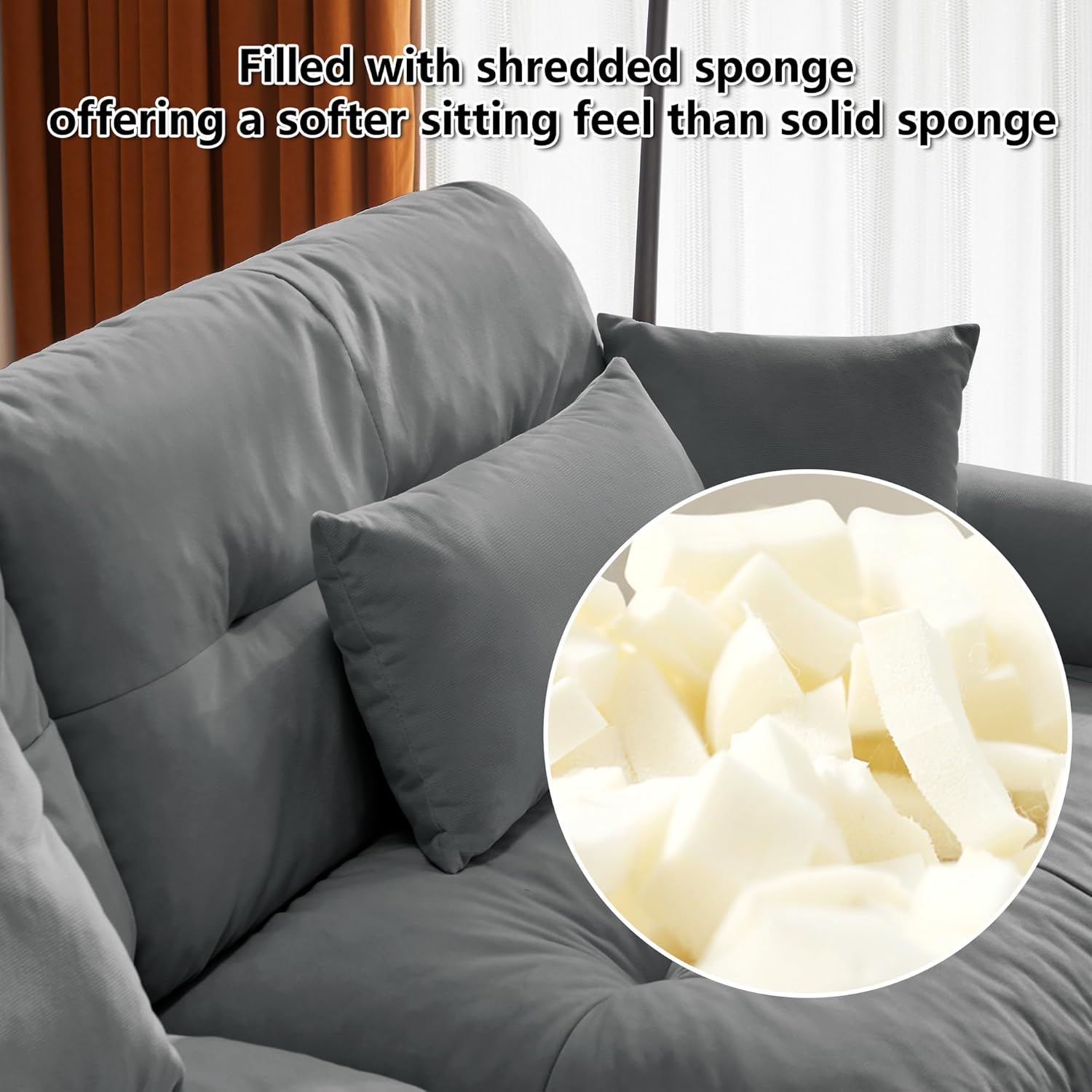 Loveseat Sofa 93.7' Modular Sectional Sofa, 2 Seater Modern Cloud L Shaped Couch, Oversized Sectional Couches for Living Room, Comfy Velvet Sofas Deep Seat Couch with 4 Pillows, Gray