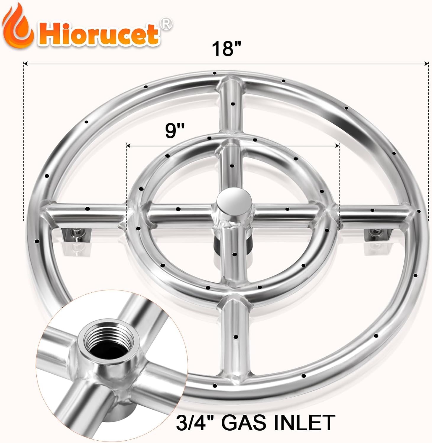 Hiorucet 18 Inch Fire Pit Ring Burner Kits, DIY Propane Gas Firepit Insert Round Burner with Igniter Kits and Propane Hose Kits for Indoor or Outdoor, Stainless Steel LP Fire Pit Replacement Parts.
