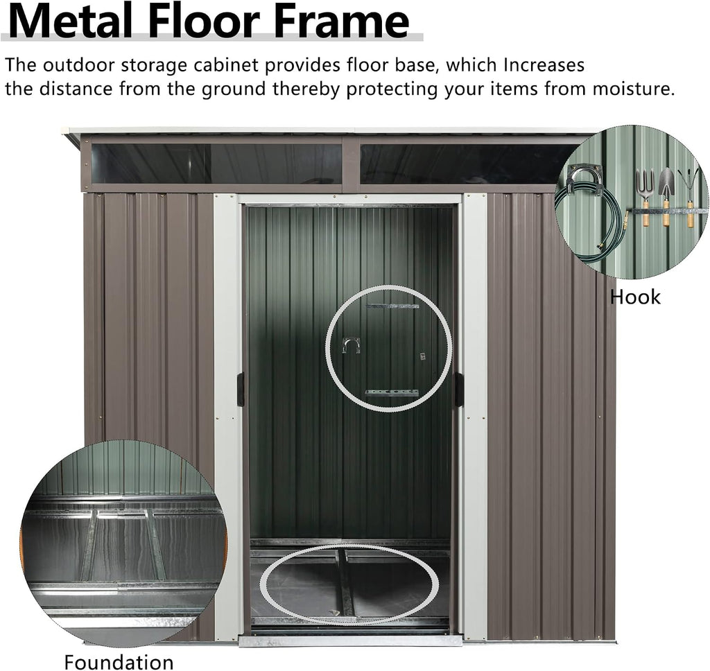 Outdoor Storage Shed 6.4 x 5 FT Storage shed with Floor Frame Galvanized Steel Garden Shed with Window&Lockable Doors,Sheds & Outdoor Storage Clearance for Backyard Patio Lawn (Gray)