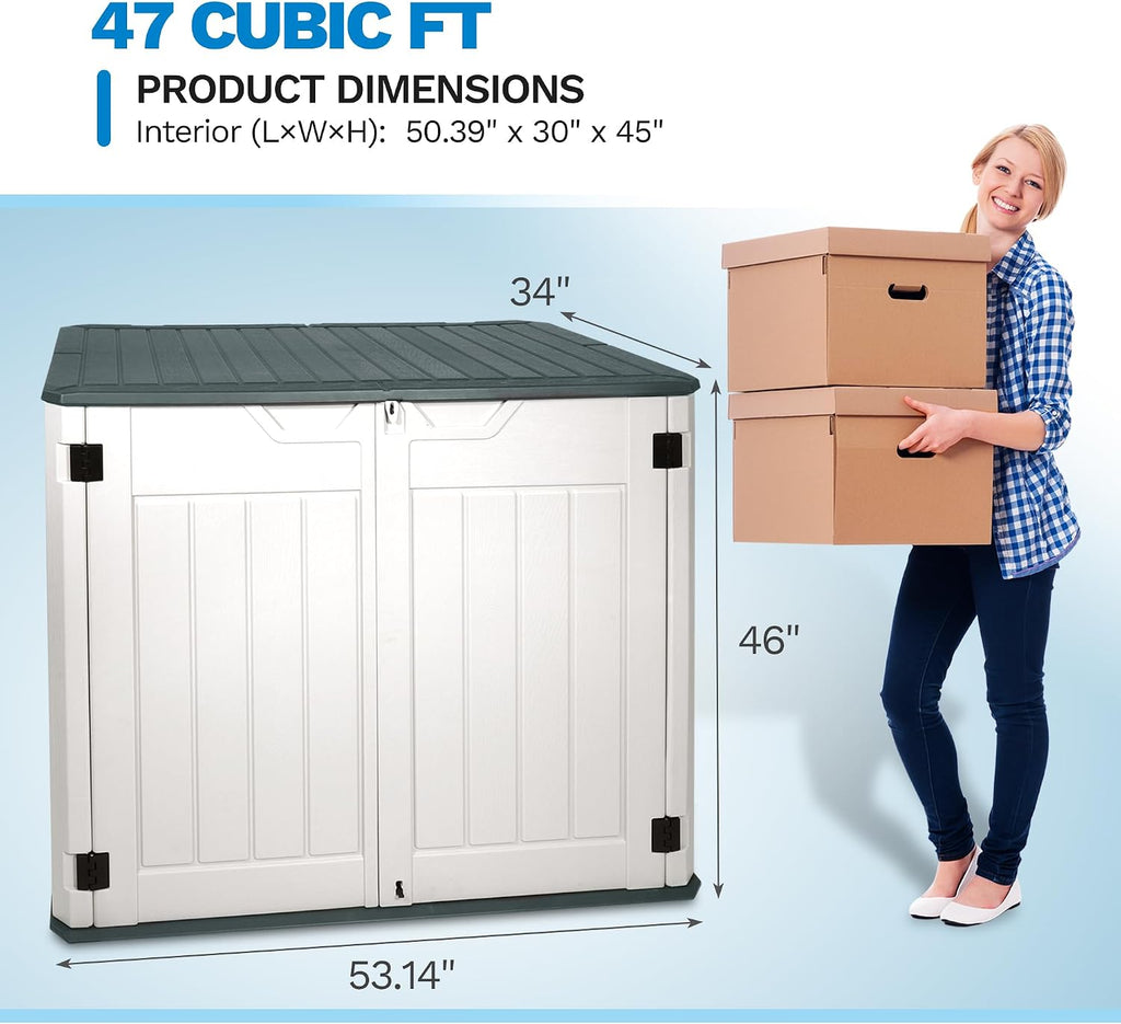 47 Cu ft Outdoor Storage Shed, Large Resin Outdoor Storage Box for Patio Garden Yard - Weatherproof Outdoor Storage Cabinet for Tools Pool Supplies - Lockable Deck Boxes Outdoor