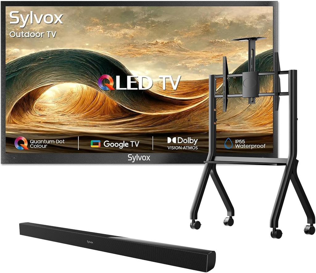 SYLVOX Outdoor TV with Rolling Stand & Soundbar, 43 inch 4K UHD QLED Smart TVs, Weatherproof, IP56 Waterproof, 1000 Nits Partial Sun, Support Google Assistant, Wide Viewing Angle (2026 Model)