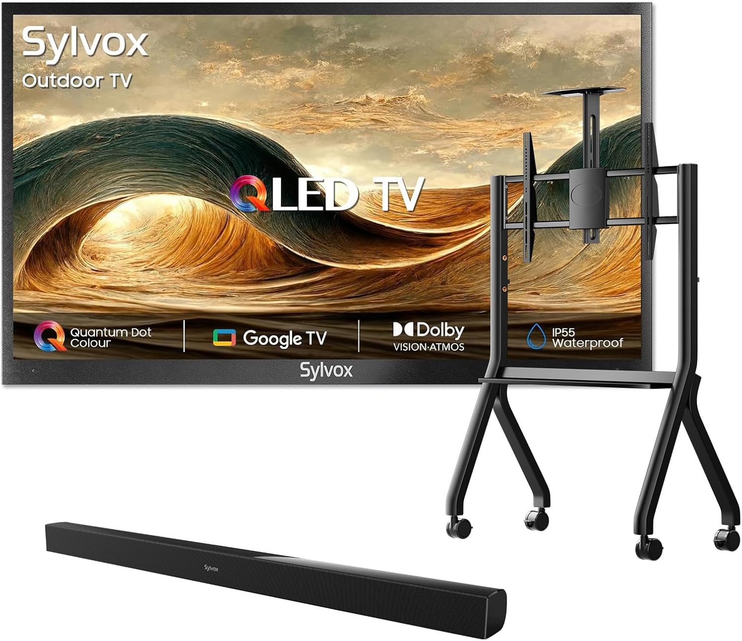 SYLVOX Outdoor TV with Rolling Stand & Soundbar, 43 inch 4K UHD QLED Smart TVs, Weatherproof, IP56 Waterproof, 1000 Nits Partial Sun, Support Google Assistant, Wide Viewing Angle (2026 Model)
