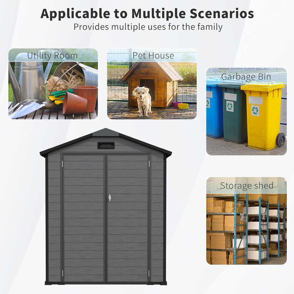 6 × 6 FT Resin Storage Shed, Lockable Plastic Shed with Transparent Top Plate, Two Windows, Floor and Vents for Lawn Mowers and Other Garden Tools Storage Dark Gray