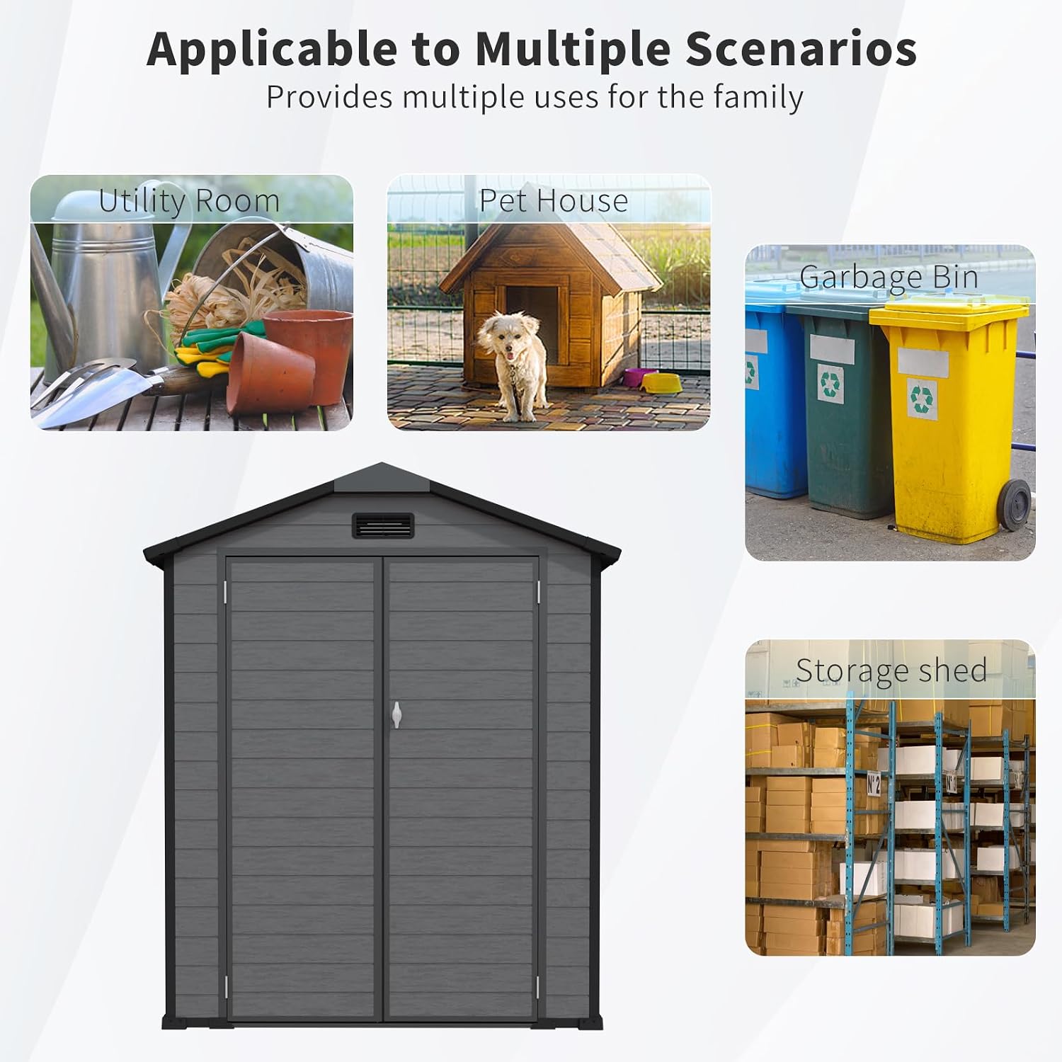 6 × 6 FT Resin Storage Shed, Lockable Plastic Shed with Transparent Top Plate, Two Windows, Floor and Vents for Lawn Mowers and Other Garden Tools Storage Dark Gray
