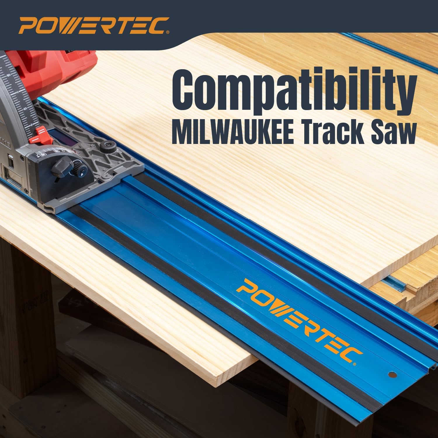 POWERTEC 72460 110' Track Saw Guide Rail Joining Set for Milwaukee Track Saws w/Quick Release Clamps for Woodworking Projects