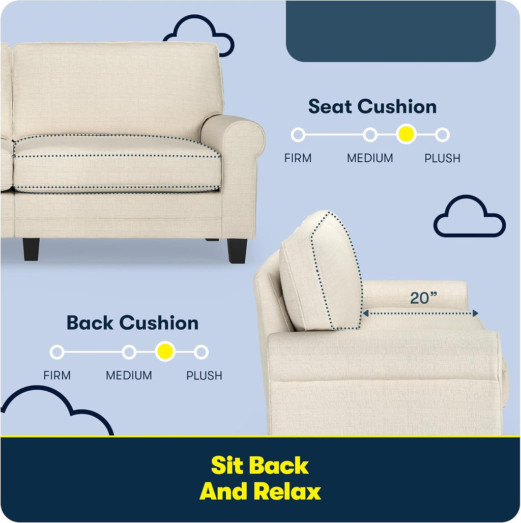 Serta Copenhagen 78' Rolled Arm Sofa, Easy Care Polyester, Soft Pillow Back, Pocket Coil Seat Cushions, Removable Covers, Loveseat or Couch for Small Spaces, Living Rooms or Bedrooms, Buttercream