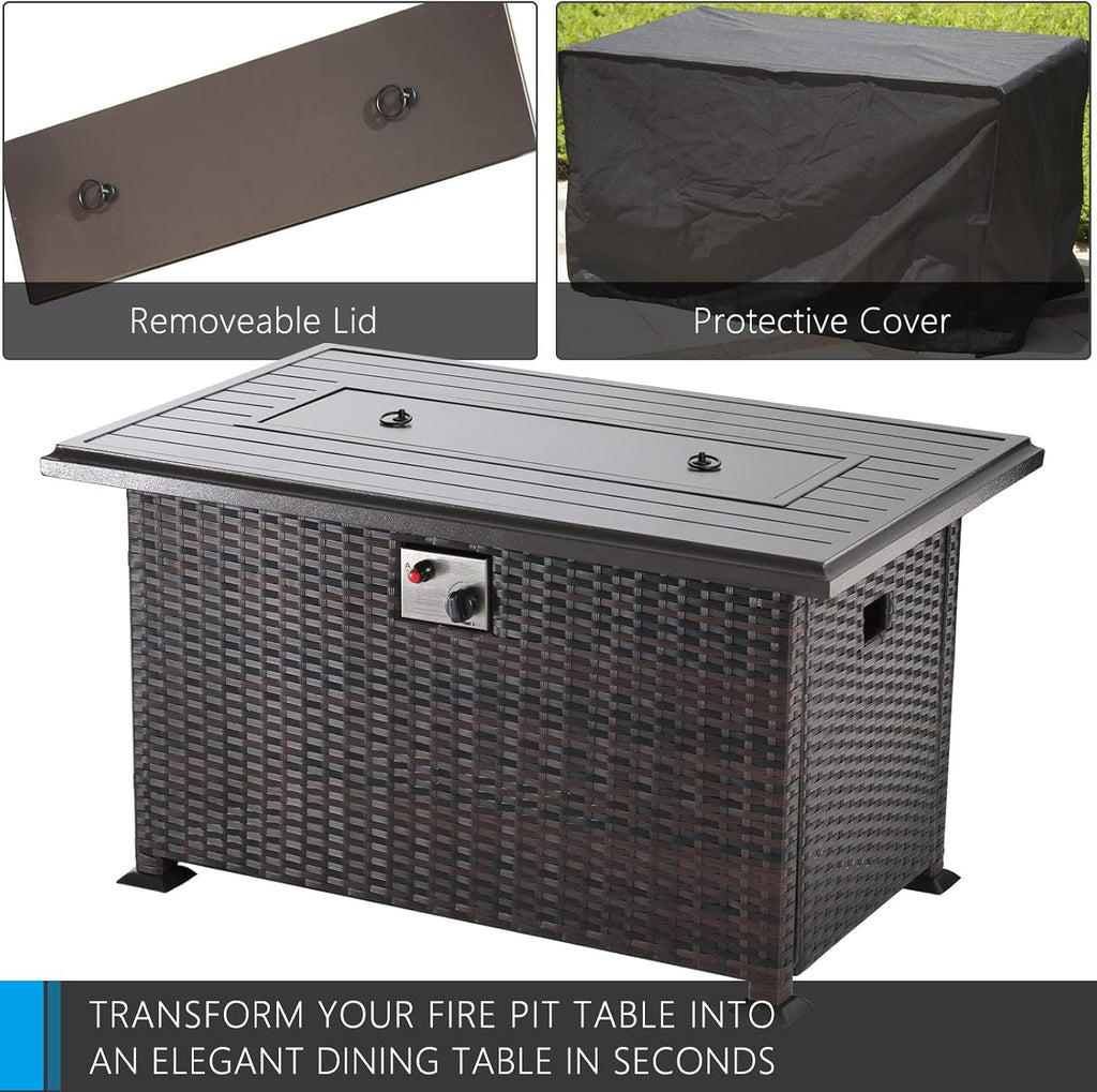 43' Propane Fire Pit Table 55,000 BTU, Gas Fire Pit with Glass Wind Guard and Metal Lid,CSA Certification Outdoor Fire Pit Auto-Ignition