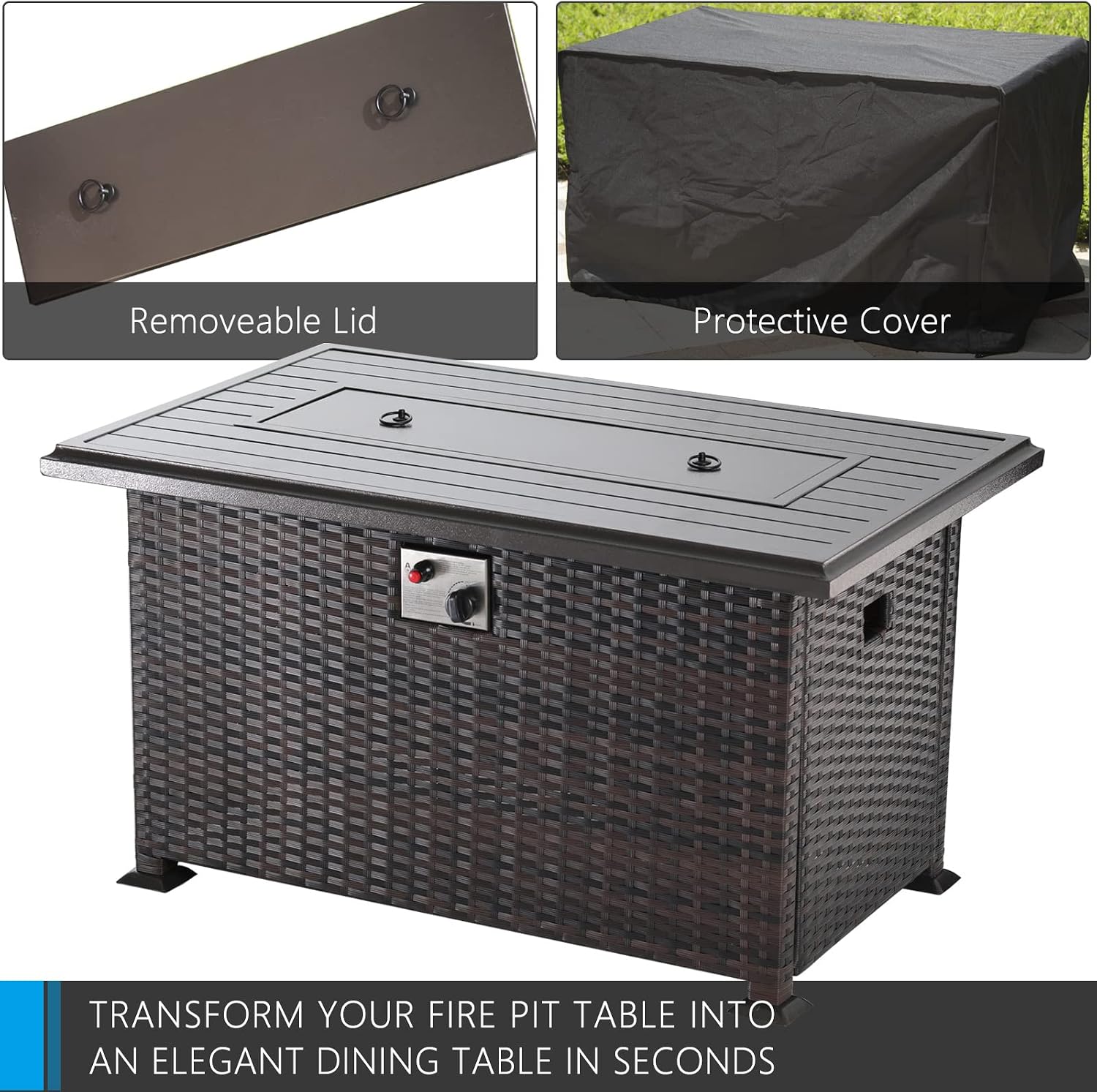 43' Propane Fire Pit Table 55,000 BTU, Gas Fire Pit with Glass Wind Guard and Metal Lid,CSA Certification Outdoor Fire Pit Auto-Ignition
